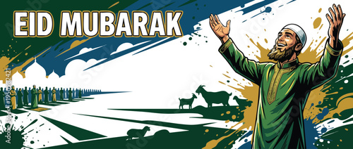 Eid Celebration Illustration with Muslim Man Praying and Congregation