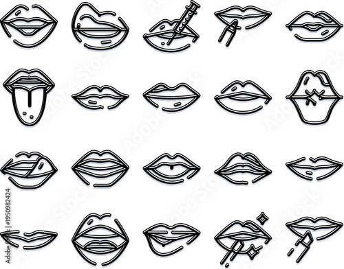 Lips outlines collection illustrating beauty, aesthetic treatments, cosmetology, and various expressions, including applying makeup and receiving medical fillers