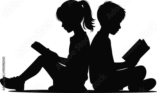 Black silhouette of a boy and a girl sitting back to back reading books children