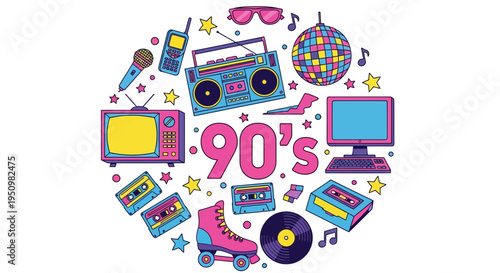 Retro 90's iconic symbols and objects illustration