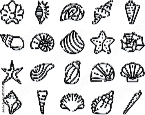 Seashells and starfishes creating a collection of marine life icons, depicting various ocean bottom creatures and shells, suitable for summer, beach, and tropical themes