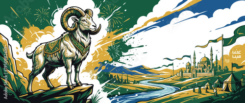 Eid Adha Ram on Cliff with Festive Mosque and River Landscape