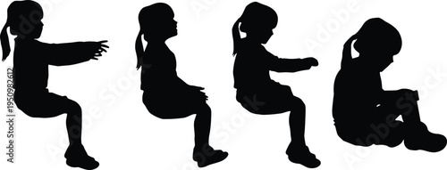 Little girl sitting and reaching poses silhouette collection, child kid gestures vector illustration set isolated for childhood activity design