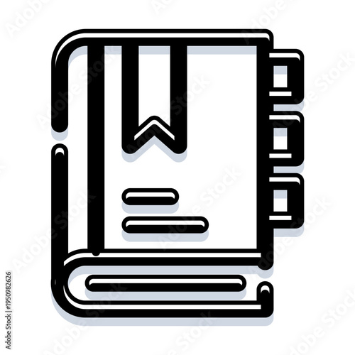Book with a distinctive bookmark and side tabs representing organized knowledge, literature, education, and detailed information management in a modern, outlined style