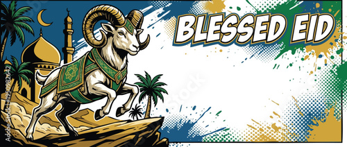 Eid Adha Celebration with Stylized Ram Mosque and Palm Trees