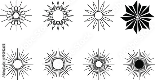 Sunburst icons collection with radial rays and geometric shapes, abstract decorative design elements in black outline isolated on light background