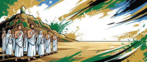 Pilgrims Praying Near Mount Arafat Spiritual Peaceful Islamic Worship Vector Graphic