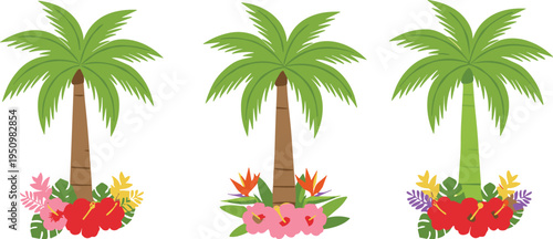Tropical palm trees with colorful flowers illustration set, summer beach nature design elements isolated on light background for decoration
