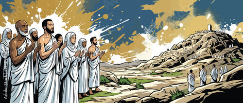 Pilgrims Praying Near Mount Arafat During Day of Arafah Pilgrimage