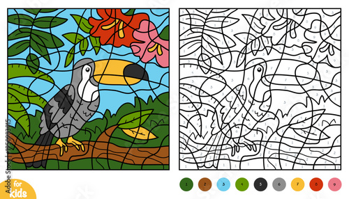 Cute toucan on tropical background. Color by number page for kids about birds. Educational activity game for preschool and kindergarten children to learn numbers and colors