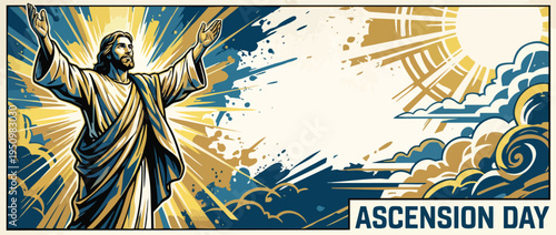 Religious Spiritual Figure Celebrating Ascension Day with Heroic Pose and Dynamic Light