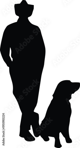 Man walking with dog silhouette vector illustration isolated on white background, pet owner companion concept for lifestyle, training, outdoor activity design