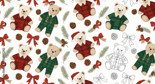 Cute Teddy Bears with Plaid Outfits and Christmas Decorations Seamless Pattern