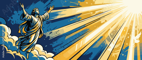Spiritual Heaven Rays Celebrating Ascension Day with Dynamic Heroic Pose Fantasy
