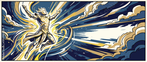 Accession Day Spiritual Light Figure Celebrating Ascending into Dynamic Heroic Pose