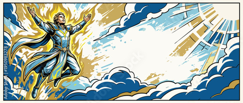 Ascension Day Image of a Heroic Figure in Dynamic Pose Against a Spiritual Sky
