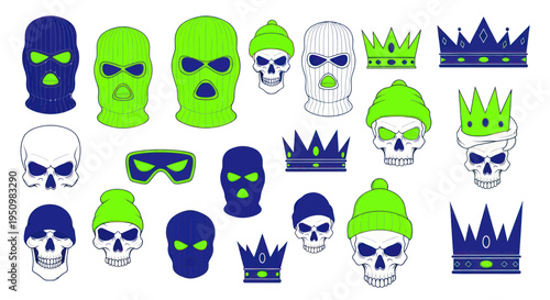 Graffiti Style Skulls, Balaclavas, and Crowns Vector Art