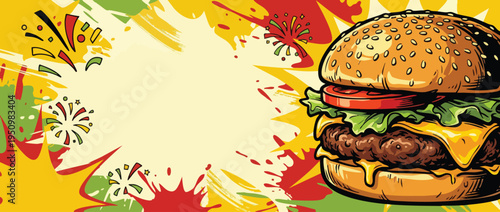 Hamburger with Lettuce Tomato and Melted Cheese on Abstract Background