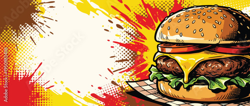 Hamburger Pop Art Style Cheeseburger with Melted Cheddar and Fresh Vegetables