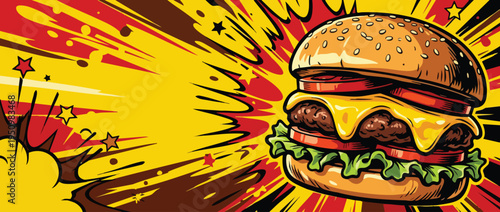 Delicious Cheeseburger Sesame Bun Melted Cheese Lettuce Tomato Pop Art Style