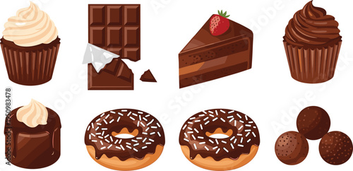 Chocolate Dessert Vector Illustration Set Featuring Cupcakes, Chocolate Bar, Strawberry Cake Slice, Donuts and Cocoa Truffle Sweets Collection