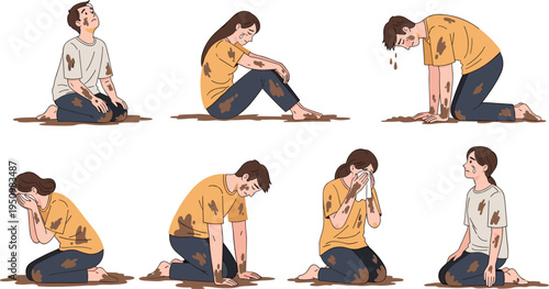 Muddy exhausted people crying and kneeling after disaster, poverty humanitarian crisis suffering concept illustration, desperate survivors hardship vector