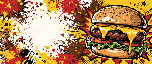 Cheeseburger Pop Art Illustration with Melty Cheese and Sesame Bun on Explosive Background