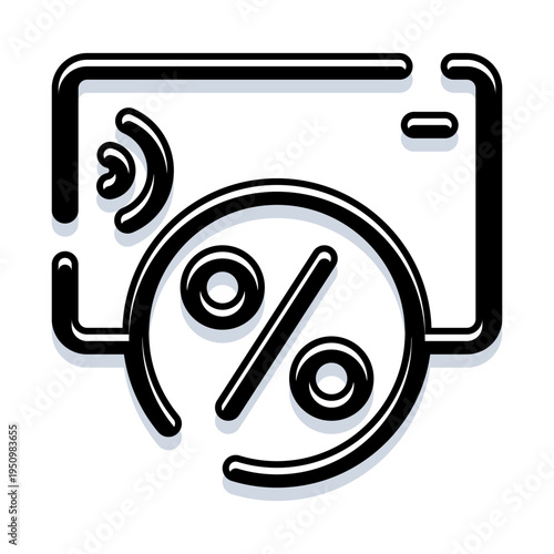 Credit card and wireless signal icon with a large percentage symbol, illustrating concepts of financial transactions, mobile payment, interest rates, or discount offers in a clean, modern design