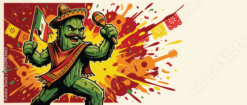 Fiesta Cactus Character Celebrating Cinco De Mayo with Maraca and Flag