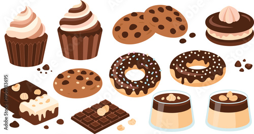 Chocolate Dessert and Sweet Snack Vector Illustration Set Featuring Cupcakes, Cookies, Donuts, Chocolate Bars and Cream Pudding Treats