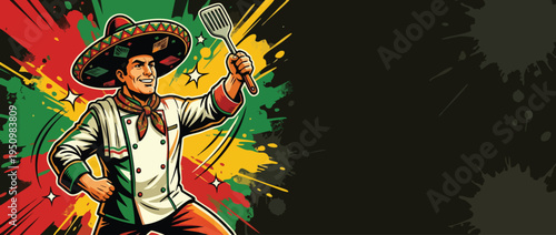 Mexican Culinary Chef in Sombrero Joyfully Waving Spatula in Celebration of the Festivities