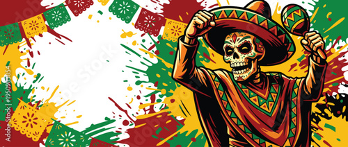 Mexican Skull Character Celebrating Cinco De Mayo Fiesta Theme Dynamic Heroic Vector