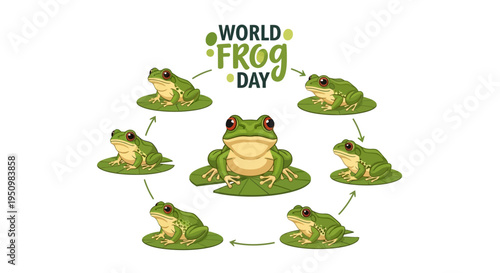 Vector illustration of frogs in a circle for World Frog Day 2026 with a design concept promoting amphibian conservation awareness.