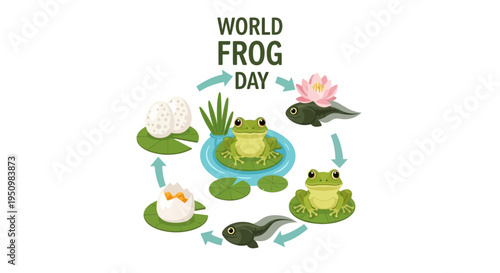 An illustration of frogs in their life cycle on lily pads for World Frog Day design and conservation awareness with a green and blue color scheme.