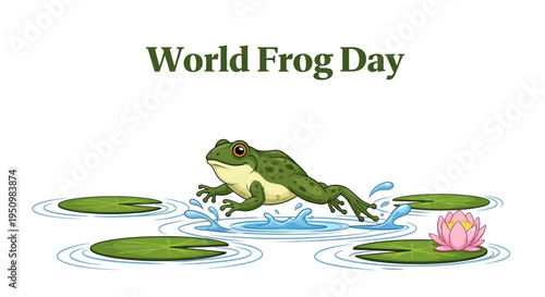 Vector illustration of a green frog jumping over lily pads on World Frog Day with a pink flower, promoting frog conservation awareness and amphibian wildlife concept.