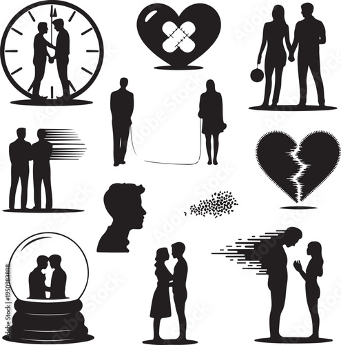 black silhouettes of people and hearts on white background