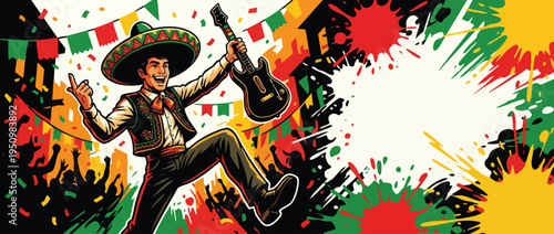 Cinco De Mayo Fiesta Celebration with Sombrero Guitar Hero and Confetti