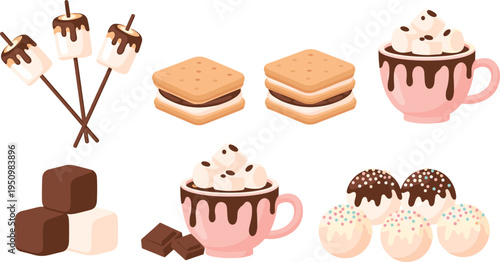 Sweet Dessert and Marshmallow Vector Illustration Set Featuring Hot Chocolate, S’mores, Chocolate Cubes, Donuts and Roasted Marshmallow Treats