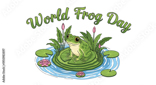 Vector illustration of a green frog sitting on a lily pad surrounded by water lilies and aquatic plants with 'World Frog Day' written above it in a playful font on a white background.