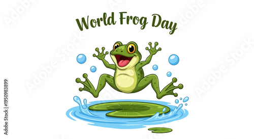 Illustration of a cheerful frog jumping in water with bubbles on World Frog Day, promoting amphibian conservation awareness with a playful design.
