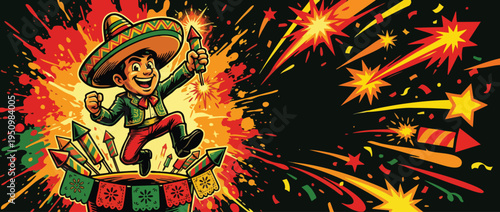Fiesta Mascot with Sombrero Celebrating Cinco De Mayo with Grand Fireworks