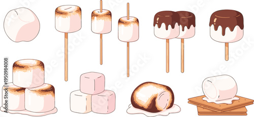Marshmallow Dessert Vector Illustration Set Featuring Roasted Marshmallows on Sticks, Chocolate Dipped Treats and Sweet Campfire Snack Collection