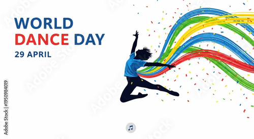 Silhouette dancer jumping with colorful ribbons on world dance day energetic and dynamic movement