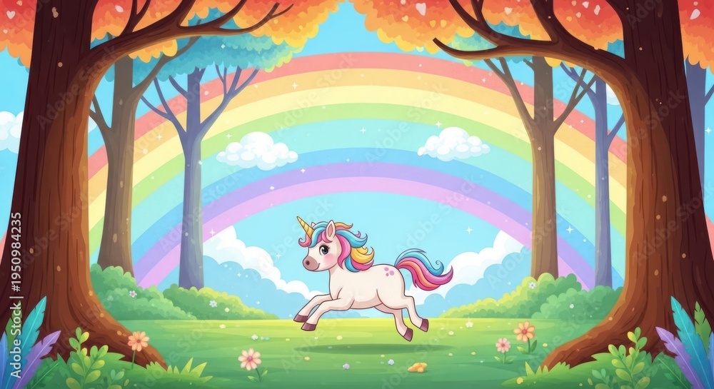 Obraz premium Magical Unicorn Running in Enchanted Forest with Rainbow and Colorful Trees