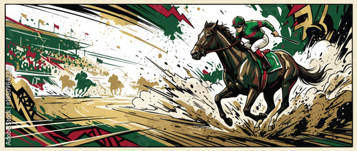 Horse Racing Action at the Derby with Jockey and Flying Dirt Illustration