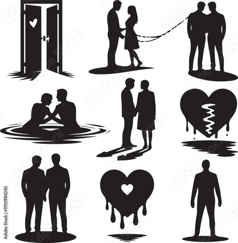 black silhouettes of people and hearts on white background