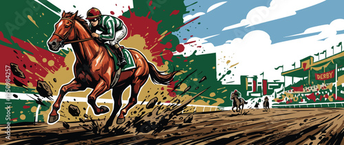 Galloping Horse with Jockey Kicking Up Dirt on Race Track at Derby Event