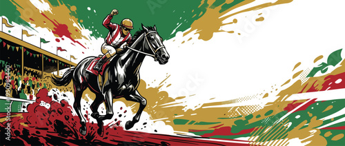 Horse Race Jockey Galloping Across Racetrack Dirt Flying Dynamic Illustration