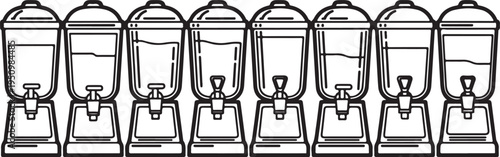 A row of eight identical water dispensers with varying water levels Vector