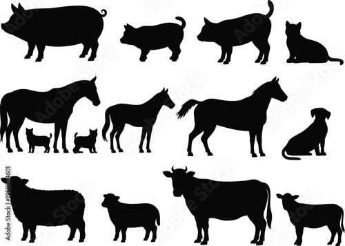   
Farm and Domestic Animal Silhouette Icons Set Featuring Pigs, Horses, Dogs, Cats, Sheep, Cows, and Calves for Educational Design